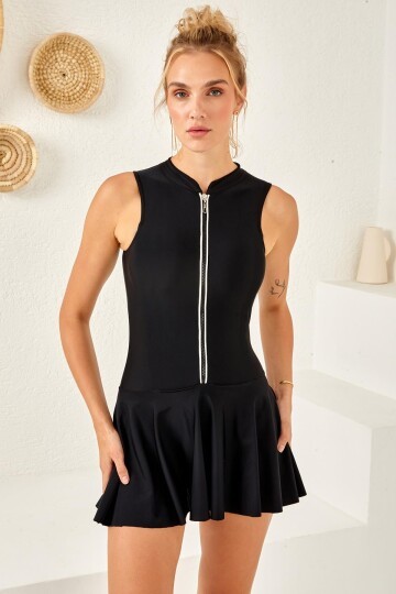 Önü Fermuarlı Etekli Mayo